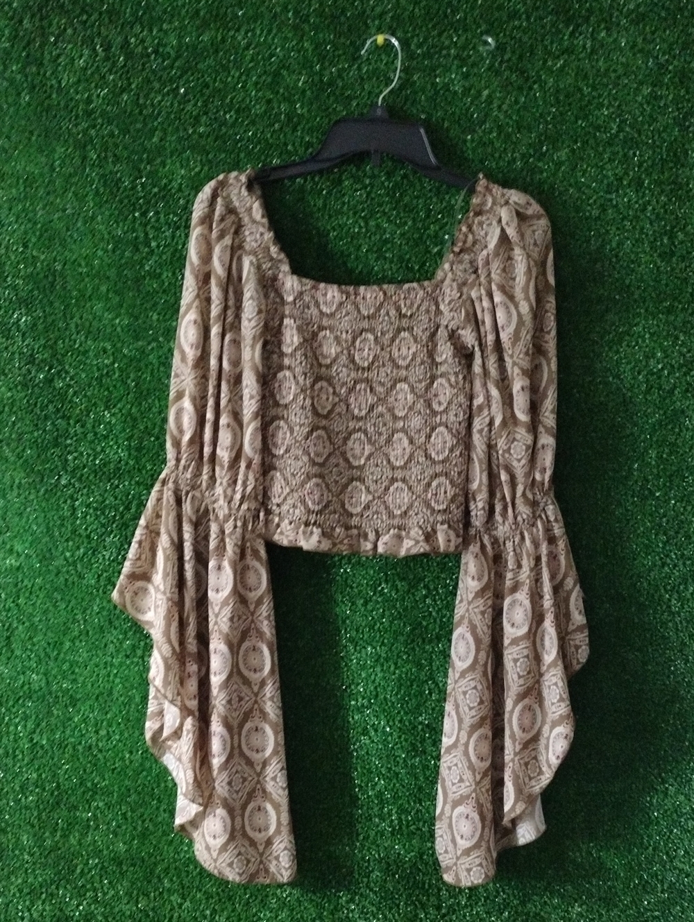 Smocked Square-Neck Bell Sleeve Crop Top in Taupe Medallion Print